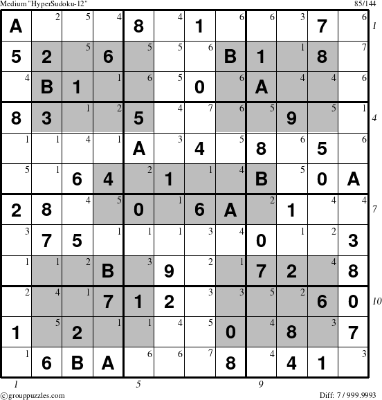 The grouppuzzles.com Medium HyperSudoku-12 puzzle for , suitable for printing, with all 7 steps marked