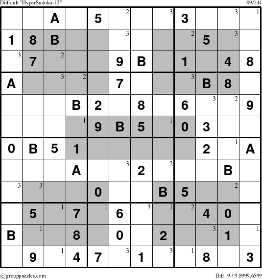 The grouppuzzles.com Difficult HyperSudoku-12 puzzle for  with the first 3 steps marked