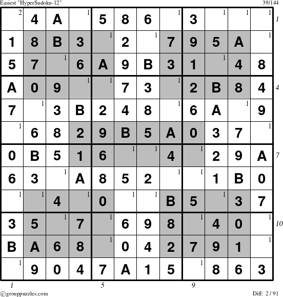 The grouppuzzles.com Easiest HyperSudoku-12 puzzle for  with all 2 steps marked