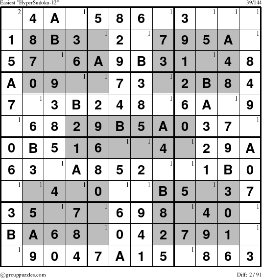 The grouppuzzles.com Easiest HyperSudoku-12 puzzle for  with the first 2 steps marked