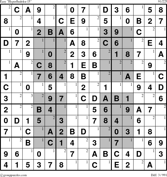 The grouppuzzles.com Easy HyperSudoku-15 puzzle for  with the first 3 steps marked
