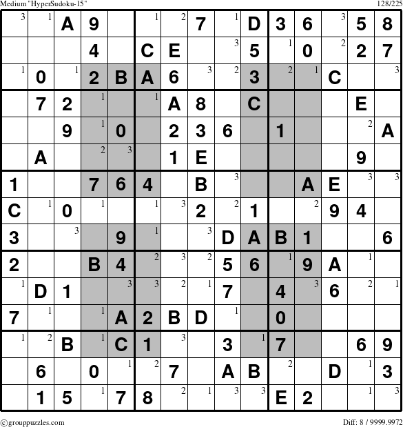 The grouppuzzles.com Medium HyperSudoku-15 puzzle for  with the first 3 steps marked