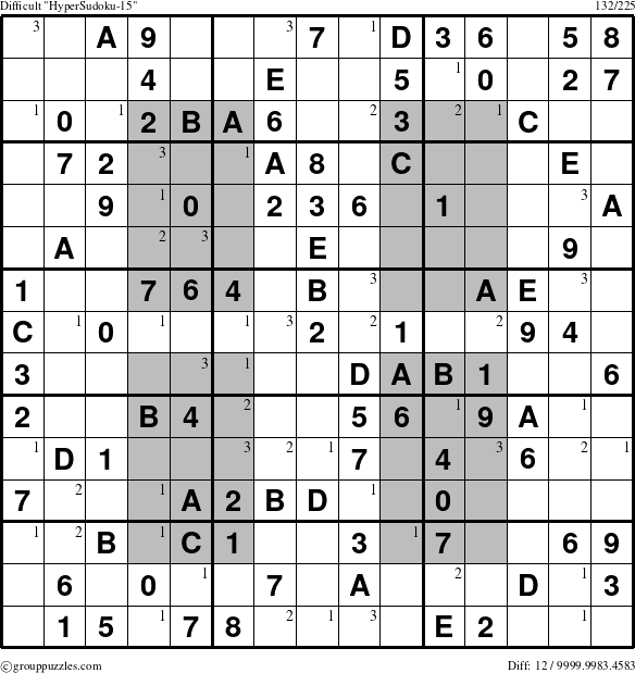 The grouppuzzles.com Difficult HyperSudoku-15 puzzle for  with the first 3 steps marked