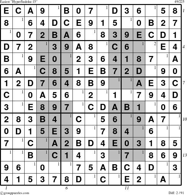 The grouppuzzles.com Easiest HyperSudoku-15 puzzle for  with all 2 steps marked