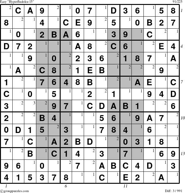 The grouppuzzles.com Easy HyperSudoku-15 puzzle for , suitable for printing, with all 3 steps marked