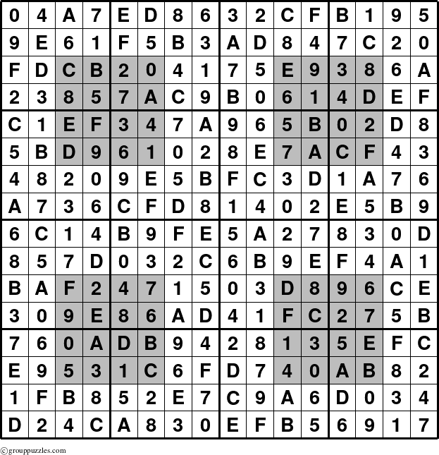 The grouppuzzles.com Answer grid for the HyperSudoku-16 puzzle for 