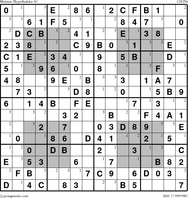 The grouppuzzles.com Medium HyperSudoku-16 puzzle for  with the first 3 steps marked