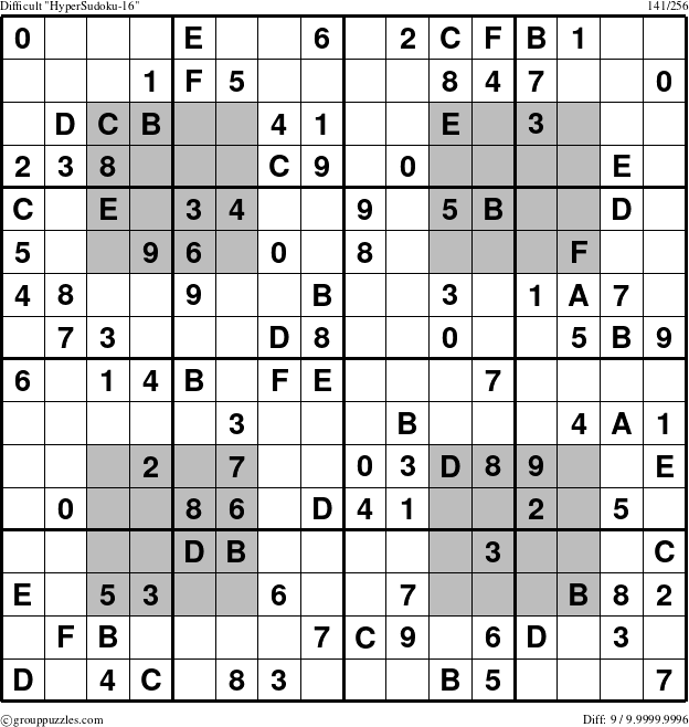 The grouppuzzles.com Difficult HyperSudoku-16 puzzle for 