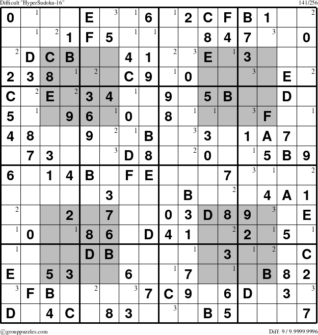 The grouppuzzles.com Difficult HyperSudoku-16 puzzle for  with the first 3 steps marked