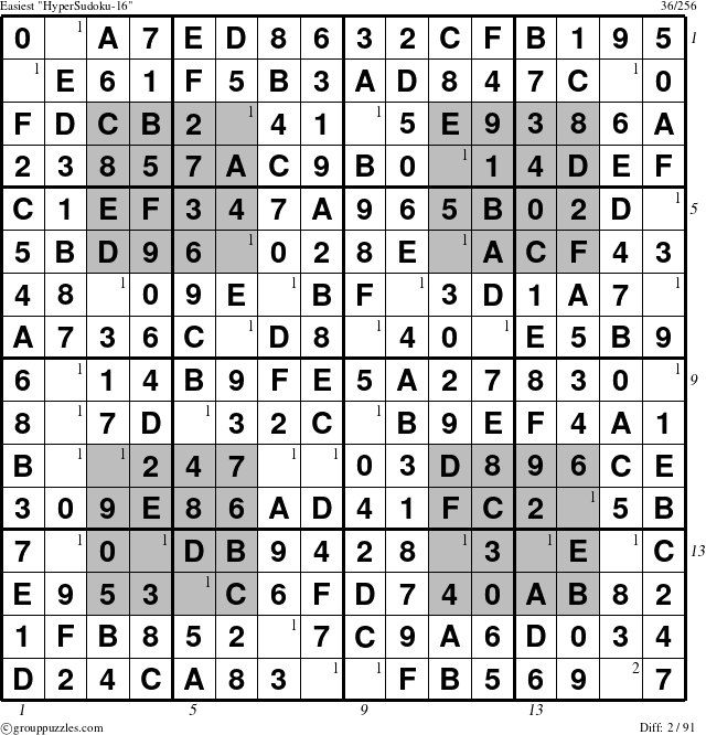 The grouppuzzles.com Easiest HyperSudoku-16 puzzle for  with all 2 steps marked