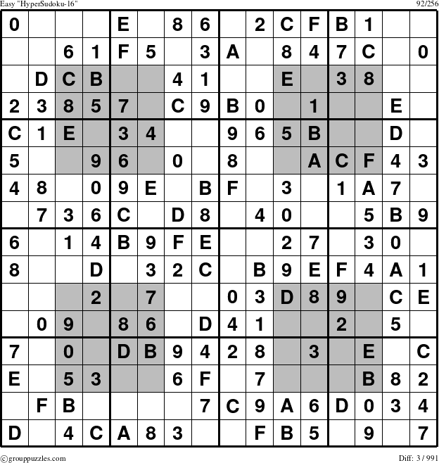 The grouppuzzles.com Easy HyperSudoku-16 puzzle for 