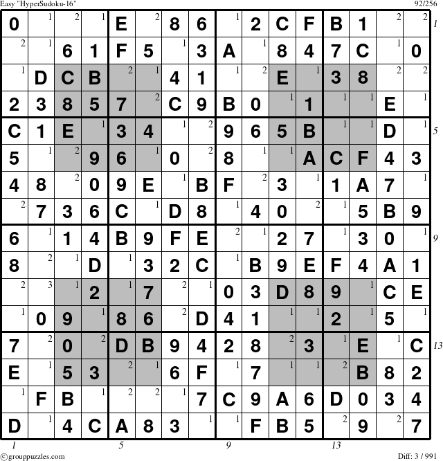 The grouppuzzles.com Easy HyperSudoku-16 puzzle for , suitable for printing, with all 3 steps marked