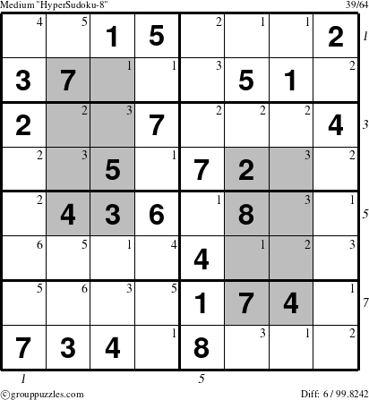 The grouppuzzles.com Medium HyperSudoku-8 puzzle for , suitable for printing, with all 6 steps marked