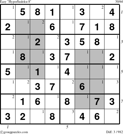 The grouppuzzles.com Easy HyperSudoku-8 puzzle for , suitable for printing, with all 3 steps marked