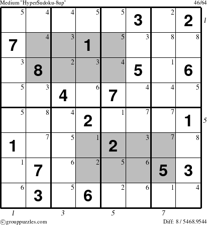 The grouppuzzles.com Medium HyperSudoku-8up puzzle for , suitable for printing, with all 8 steps marked