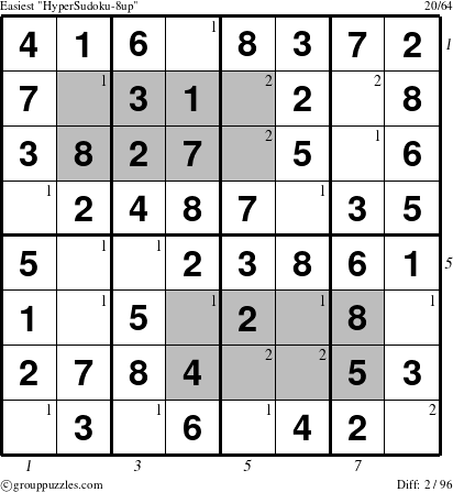 The grouppuzzles.com Easiest HyperSudoku-8up puzzle for , suitable for printing, with all 2 steps marked