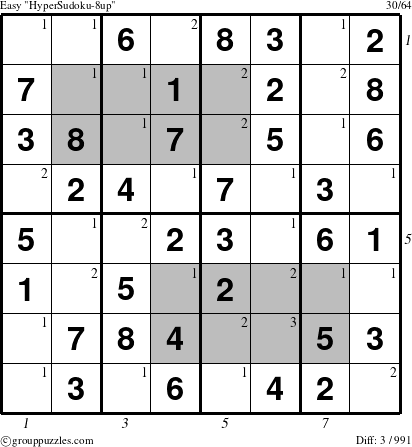 The grouppuzzles.com Easy HyperSudoku-8up puzzle for , suitable for printing, with all 3 steps marked