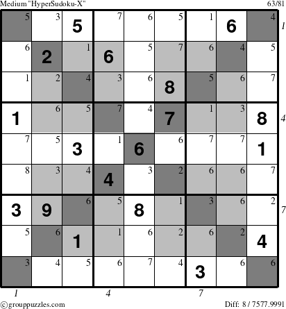 The grouppuzzles.com Medium HyperSudoku-X puzzle for , suitable for printing, with all 8 steps marked