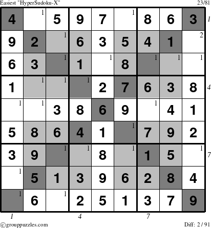 The grouppuzzles.com Easiest HyperSudoku-X puzzle for , suitable for printing, with all 2 steps marked