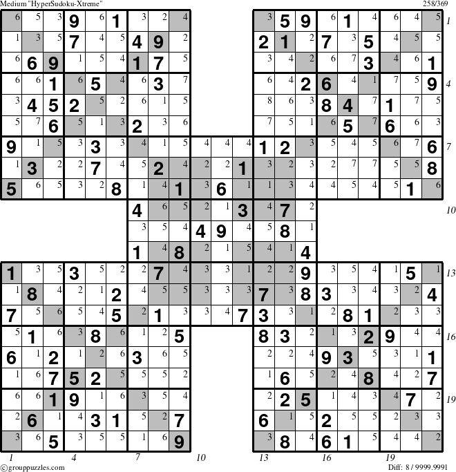 The grouppuzzles.com Medium HyperSudoku-Xtreme puzzle for , suitable for printing, with all 8 steps marked