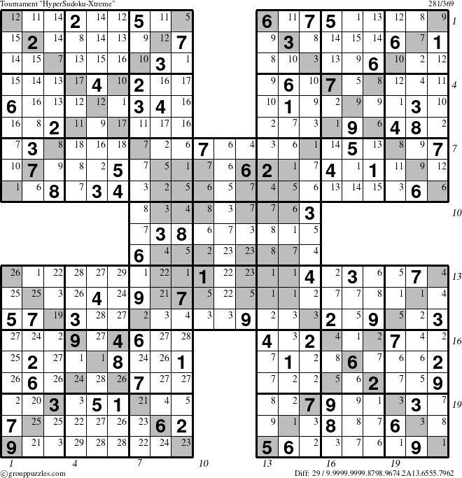 The grouppuzzles.com Tournament HyperSudoku-Xtreme puzzle for  with all 29 steps marked