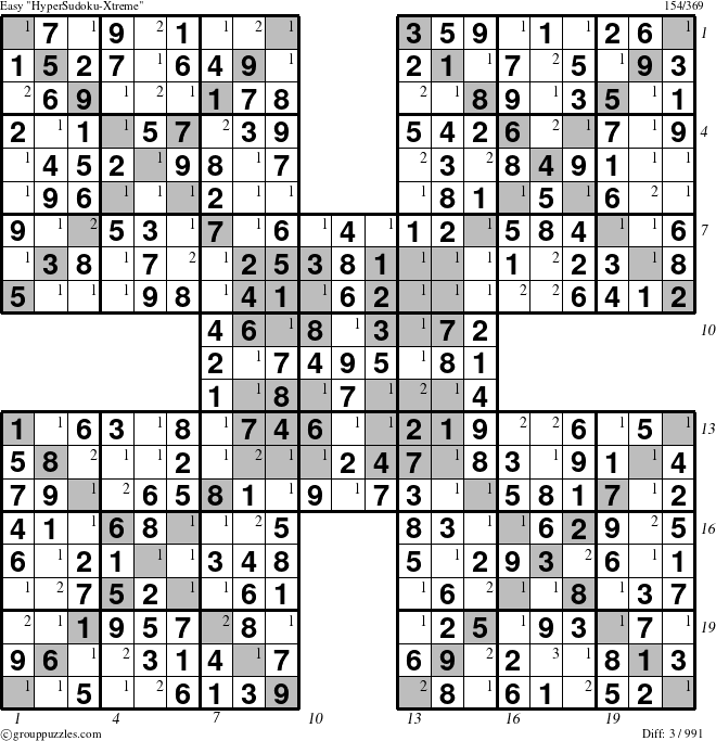 The grouppuzzles.com Easy HyperSudoku-Xtreme puzzle for , suitable for printing, with all 3 steps marked