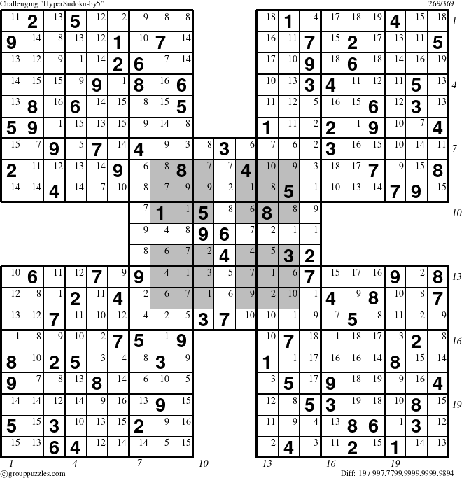 The grouppuzzles.com Challenging HyperSudoku-by5 puzzle for , suitable for printing, with all 19 steps marked