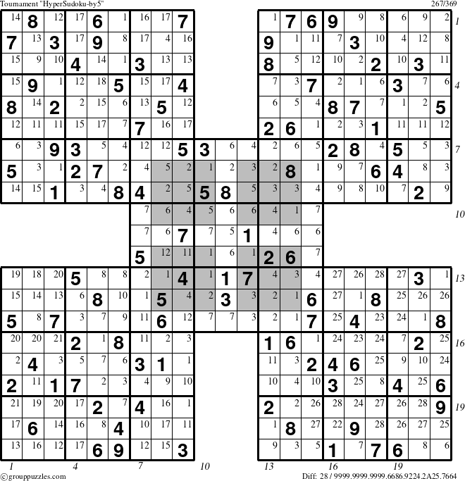 The grouppuzzles.com Tournament HyperSudoku-by5 puzzle for , suitable for printing, with all 28 steps marked