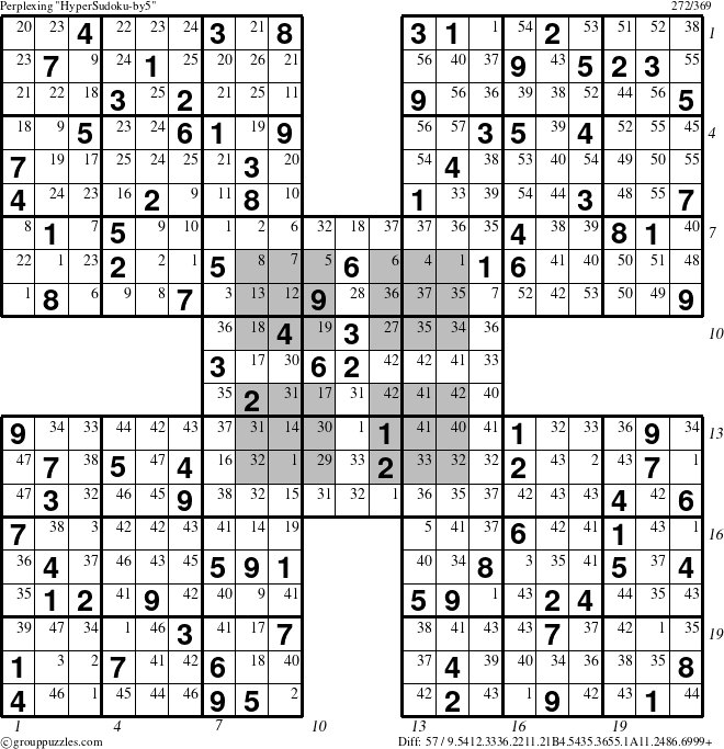 The grouppuzzles.com Perplexing HyperSudoku-by5 puzzle for , suitable for printing, with all 57 steps marked