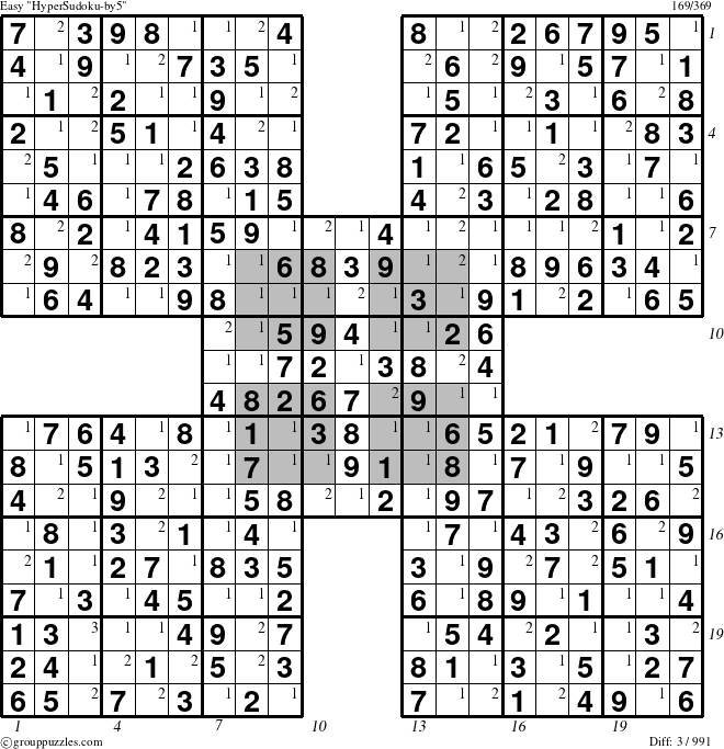 The grouppuzzles.com Easy HyperSudoku-by5 puzzle for , suitable for printing, with all 3 steps marked