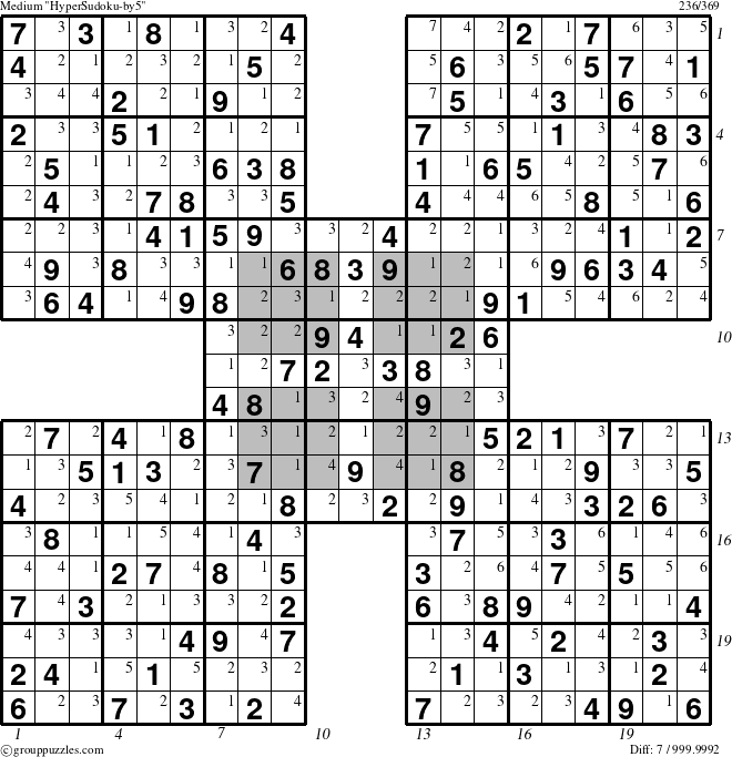 The grouppuzzles.com Medium HyperSudoku-by5 puzzle for , suitable for printing, with all 7 steps marked