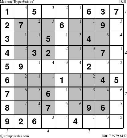 The grouppuzzles.com Medium HyperSudoku-c1 puzzle for , suitable for printing, with all 7 steps marked