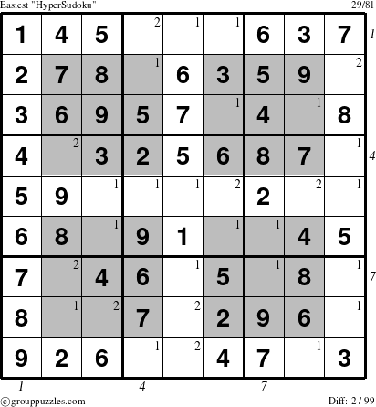 The grouppuzzles.com Easiest HyperSudoku-c1 puzzle for , suitable for printing, with all 2 steps marked