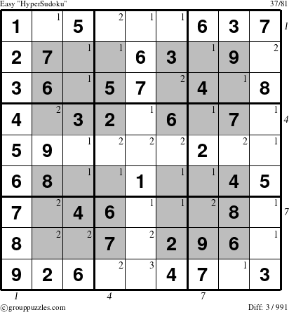 The grouppuzzles.com Easy HyperSudoku-c1 puzzle for , suitable for printing, with all 3 steps marked