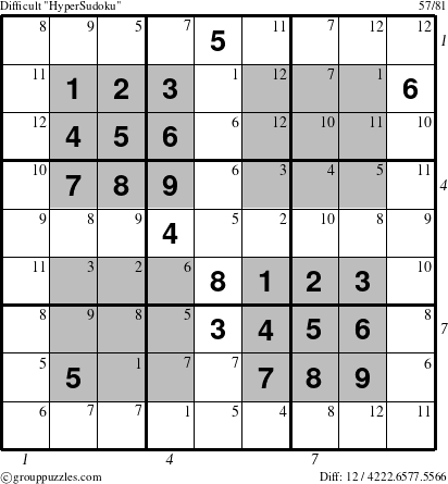 The grouppuzzles.com Difficult HyperSudoku-i14 puzzle for , suitable for printing, with all 12 steps marked