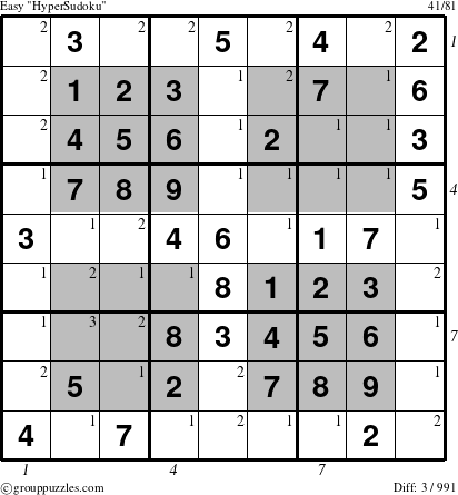 The grouppuzzles.com Easy HyperSudoku-i14 puzzle for , suitable for printing, with all 3 steps marked