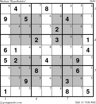 The grouppuzzles.com Medium HyperSudoku puzzle for , suitable for printing, with all 8 steps marked