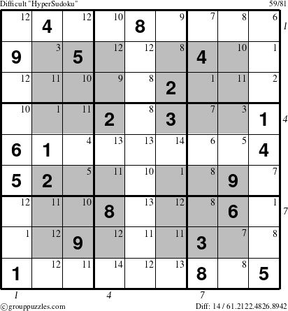 The grouppuzzles.com Difficult HyperSudoku puzzle for , suitable for printing, with all 14 steps marked