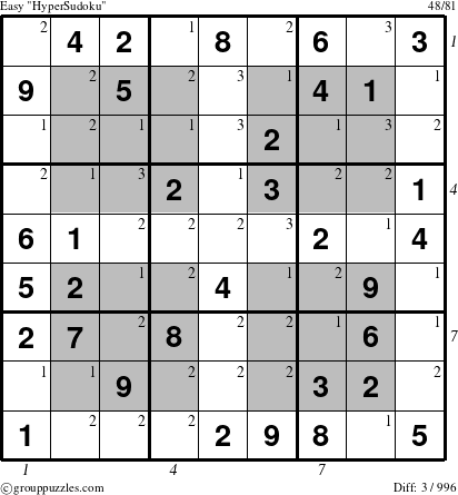 The grouppuzzles.com Easy HyperSudoku puzzle for , suitable for printing, with all 3 steps marked