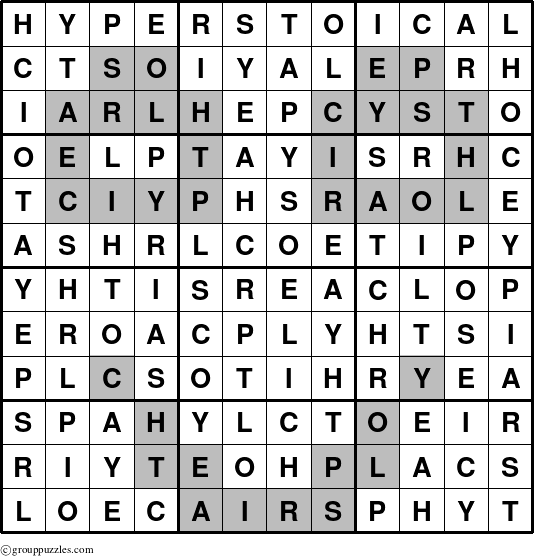 The grouppuzzles.com Answer grid for the Hyperstoical puzzle for 