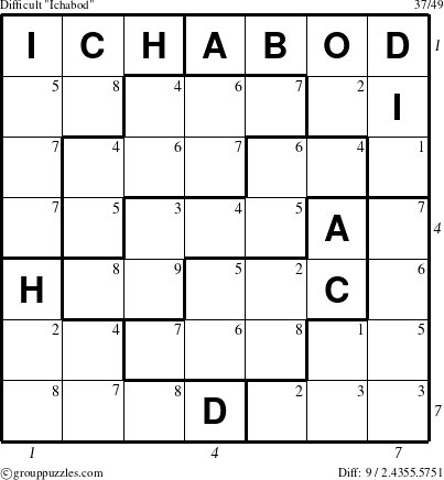 The grouppuzzles.com Difficult Ichabod puzzle for  with all 9 steps marked