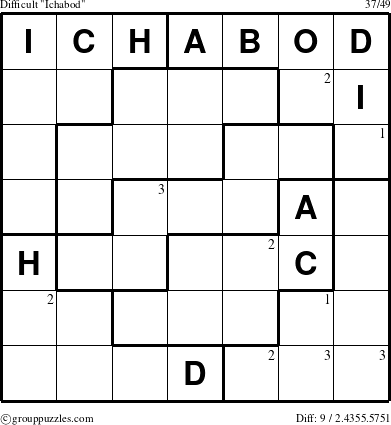 The grouppuzzles.com Difficult Ichabod puzzle for  with the first 3 steps marked