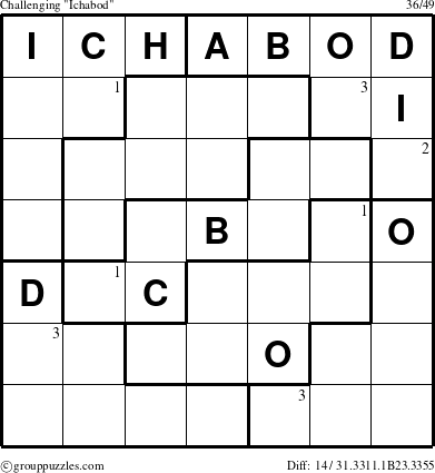 The grouppuzzles.com Challenging Ichabod puzzle for  with the first 3 steps marked