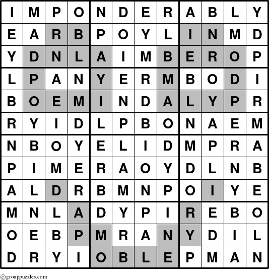 The grouppuzzles.com Answer grid for the Imponderably puzzle for 