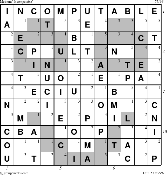 The grouppuzzles.com Medium Incomputable puzzle for , suitable for printing, with all 5 steps marked