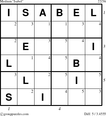 The grouppuzzles.com Medium Isabel puzzle for , suitable for printing, with all 5 steps marked