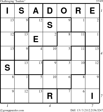 The grouppuzzles.com Challenging Isadore puzzle for , suitable for printing, with all 13 steps marked