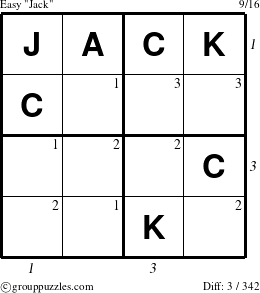 The grouppuzzles.com Easy Jack puzzle for , suitable for printing, with all 3 steps marked