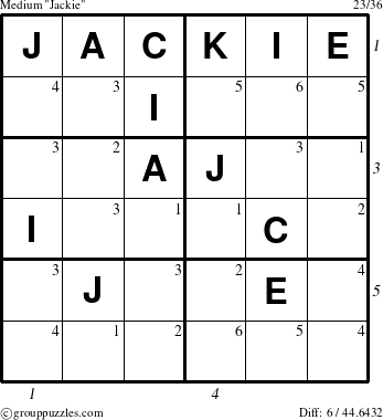 The grouppuzzles.com Medium Jackie puzzle for , suitable for printing, with all 6 steps marked