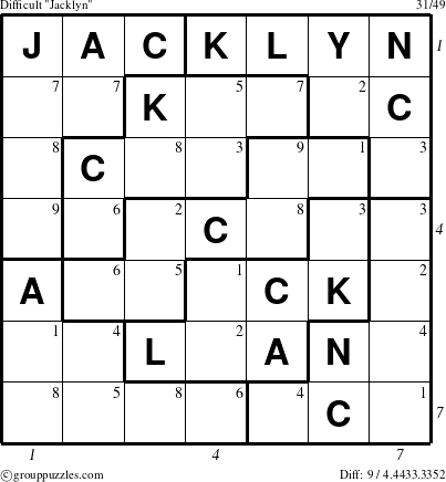 The grouppuzzles.com Difficult Jacklyn puzzle for , suitable for printing, with all 9 steps marked